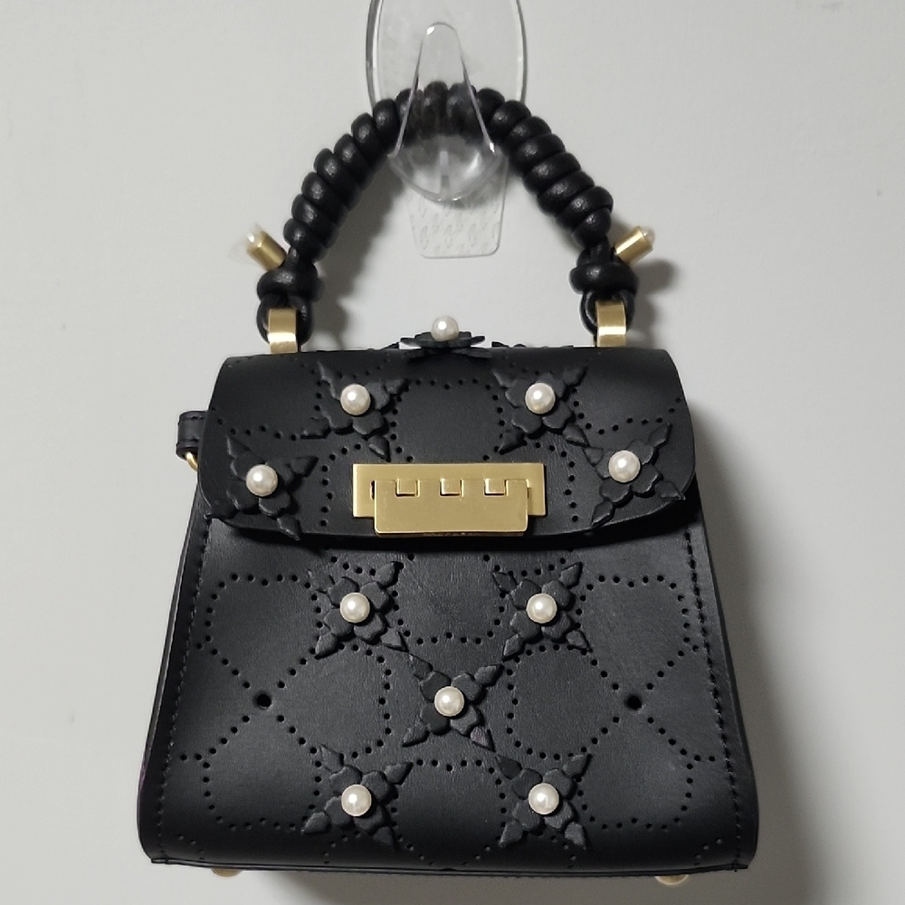 Zac Posen Black Leather Mini Eartha Satchel Handbag with Pearl Accents